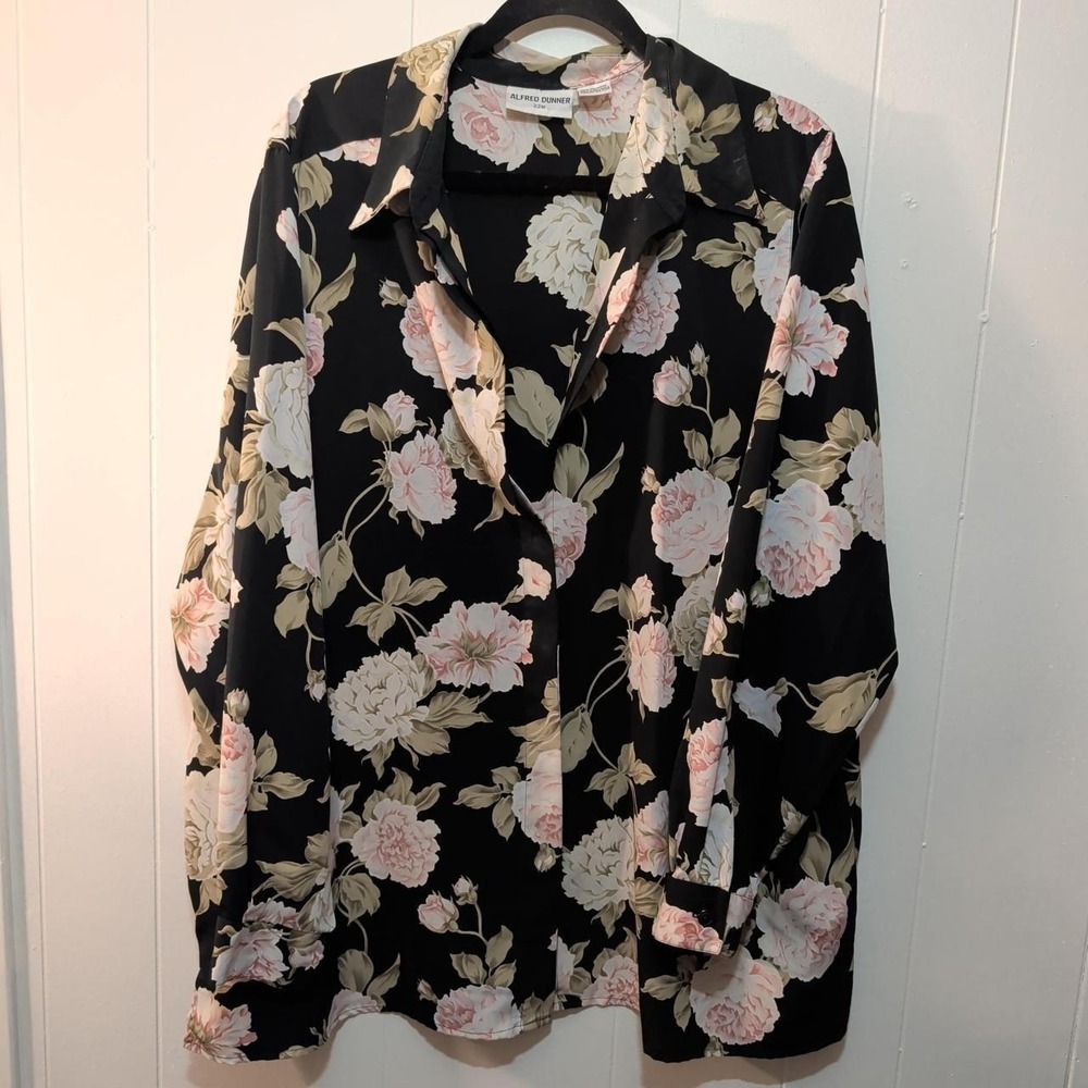 Womens Alfred Dunner Black Pink Floral Button Up Blouse 22W Excellent Oversized